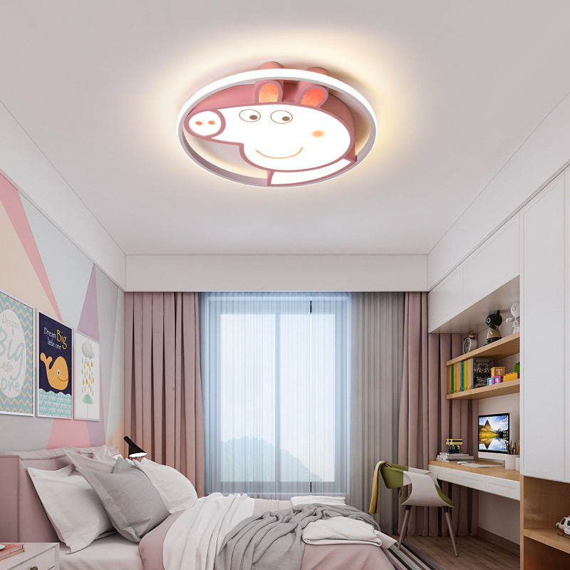 Contemporary Creative Kids Iron Acrylic Round Pig LED Flush Mount Ceiling Light For Bedroom