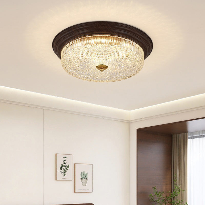 Traditional Vintage Round Crystal Glass Iron Water Turned Wood Grain LED Flush Mount Ceiling Light For Living Room