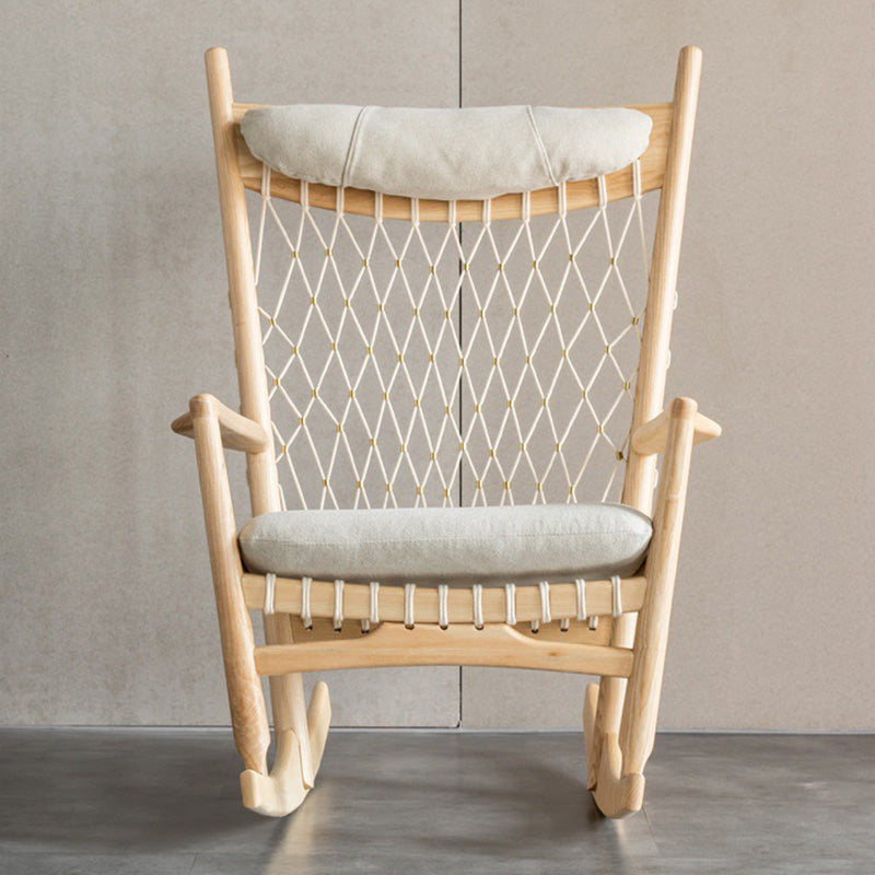 Contemporary Nordic Weaving Ash Wood Cotton Rope Velvet Cotton Square Rocking Chair Recliner Armrest For Living Room