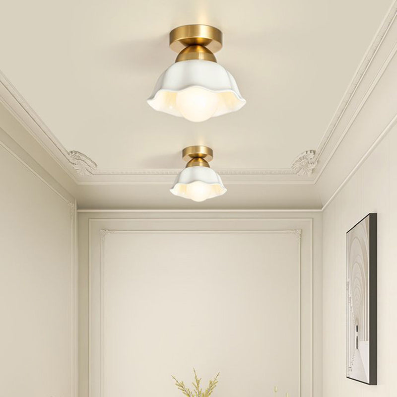 Modern Minimalist Copper Ceramic Flower 1-Light Semi-Flush Mount Ceiling Light For Hallway