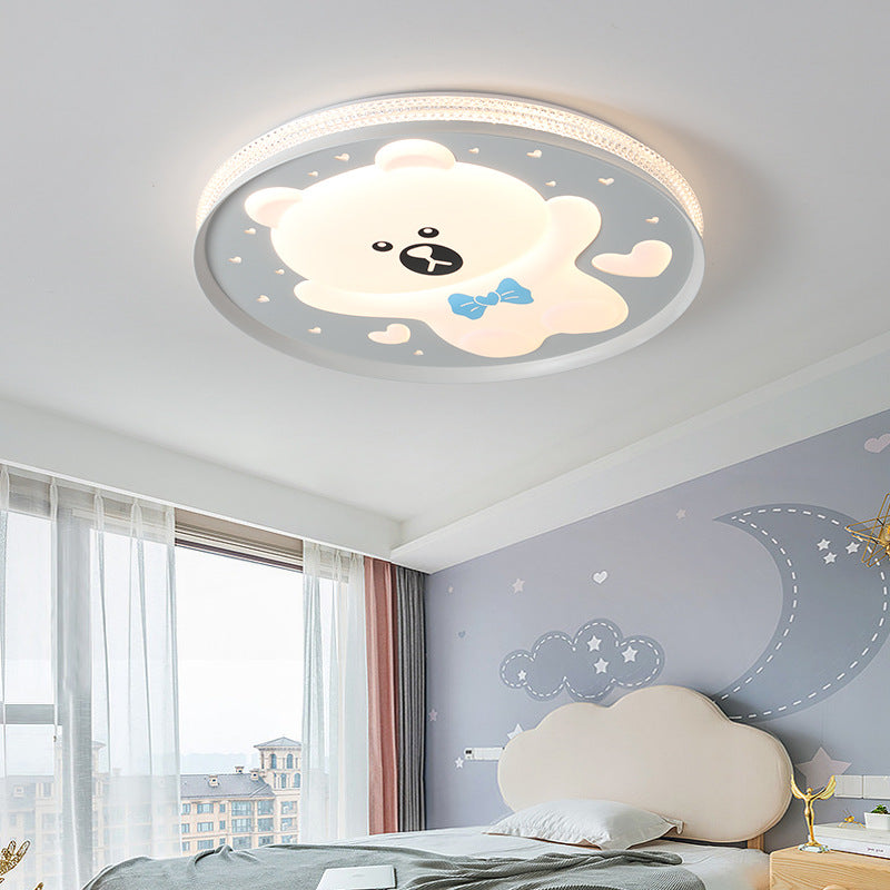 Contemporary Creative Kids Round Bear Iron Acrylic LED Flush Mount Ceiling Light For Bedroom