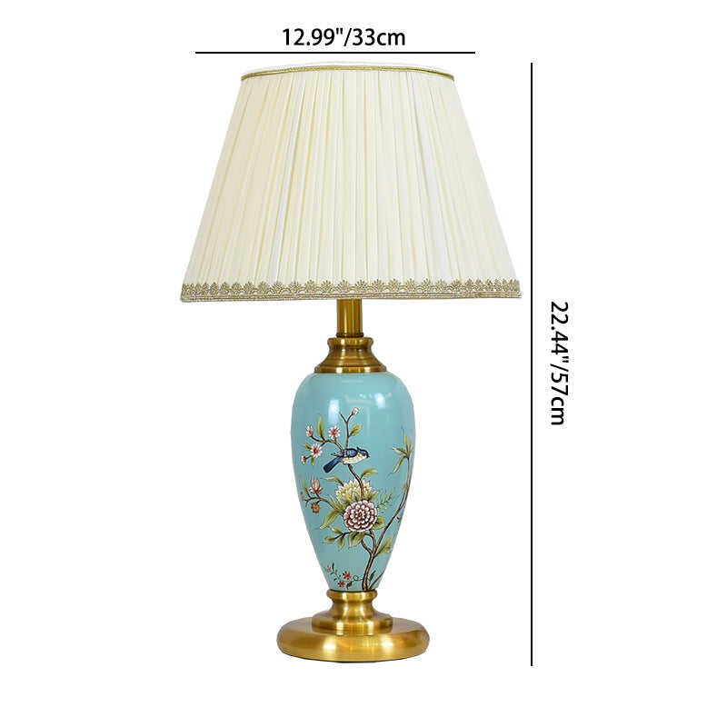 Traditional Chinese Bird And Flower Cylinder Hardware Ceramic Fabric 1-Light Table Lamp For Bedroom