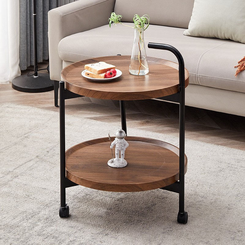 Modern Minimalist Round Iron Wood Coffee Table 2-Tier For Living Room