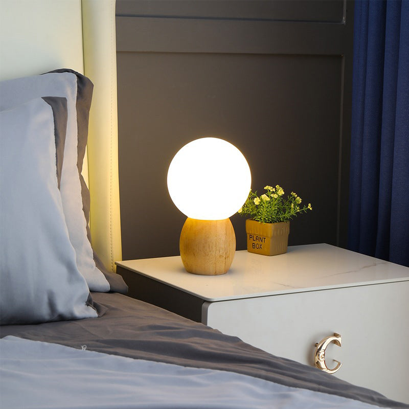 Contemporary Scandinavian Orb Glass Wood Base 1-Light Table Lamp For Bedroom