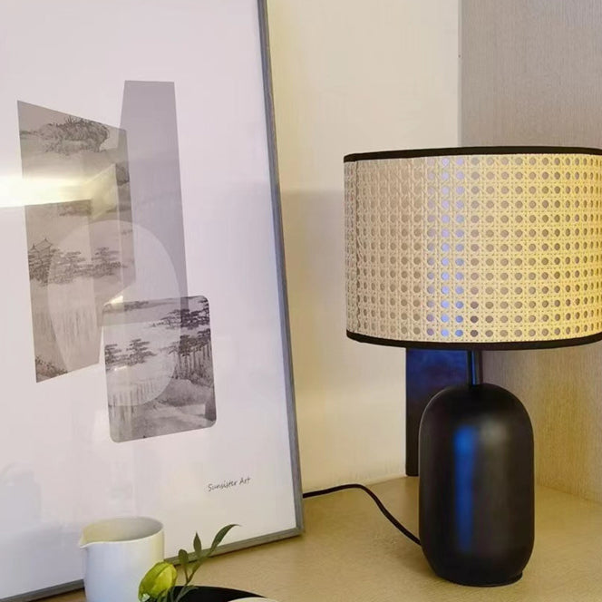 Traditional Japanese Round Cylinder Rattan Mesh Shade Metal 1-Light Table Lamp For Living Room