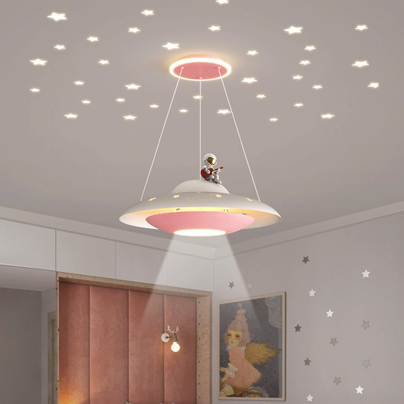 Modern Art Deco Kids Iron Acrylic UFO Spaceship Astronaut Round LED Pendant Light For Bedroom