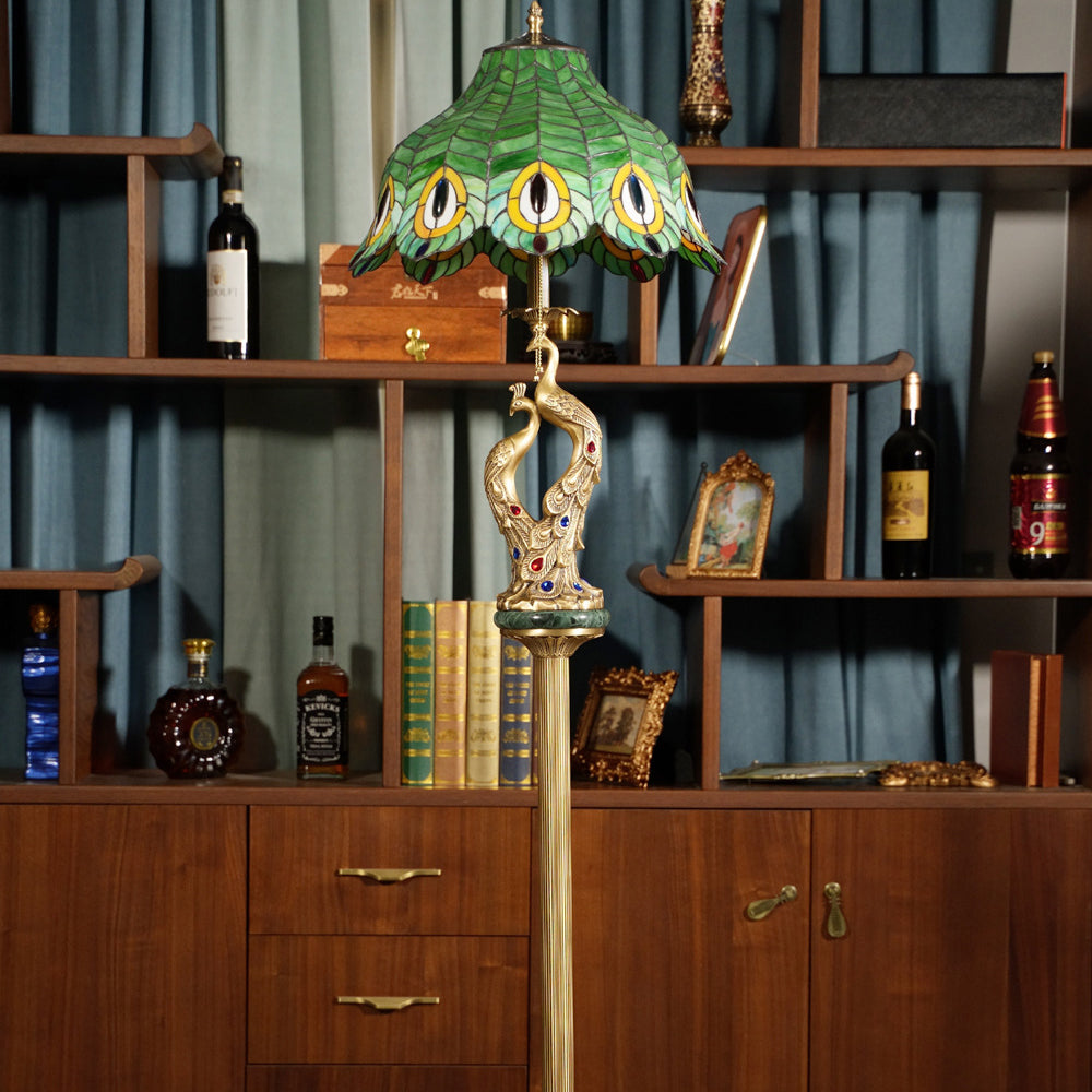 Traditional Tiffany Peacock Glass Copper 2-Light Standing Floor Lamp For Bedroom