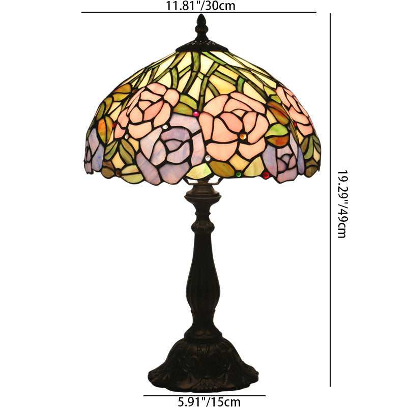 Traditional Tiffany Rose Flower Stained Glass Dome 1-Light Table Lamp For Bedroom