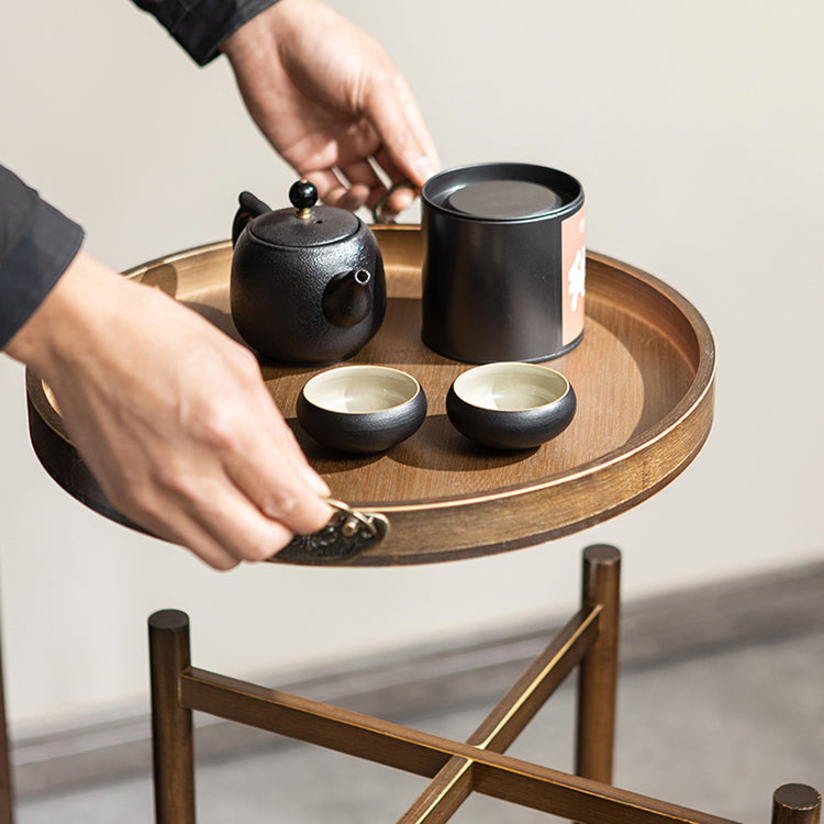 Traditional Chinese Round Bamboo Tray Top End Table 2-Tier For Living Room