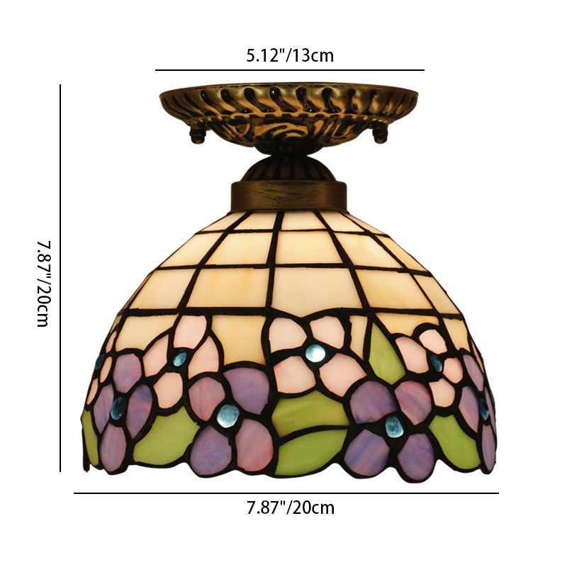 Traditional Tiffany Pastoral Purple Flower Stained Glass Bowl-shaped 1-Light Semi-Flush Mount Ceiling Light For Living Room