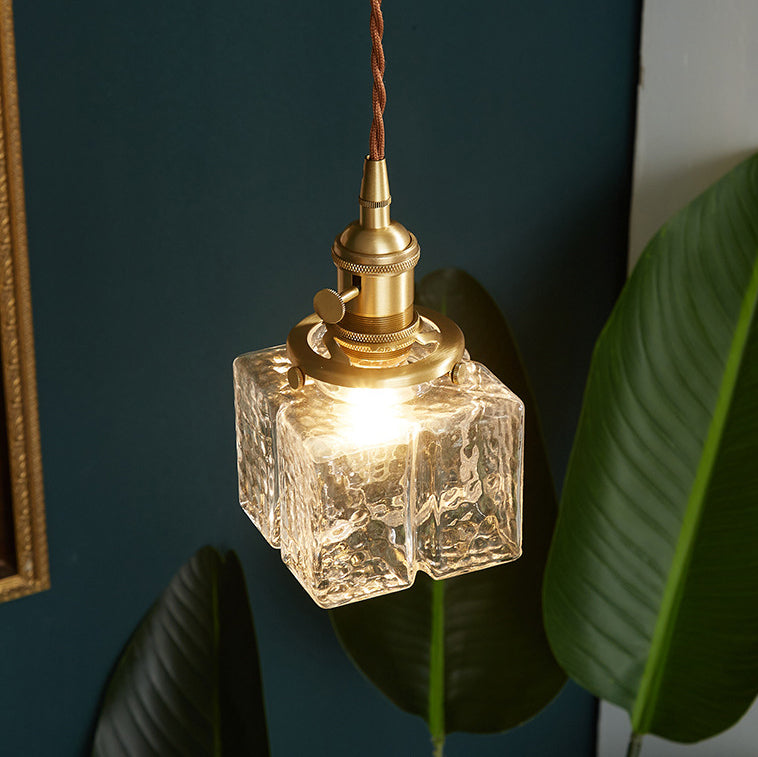 Contemporary Vintage Rectangular Square Draped Glass Brass 1-Light Pendant Light For Living Room