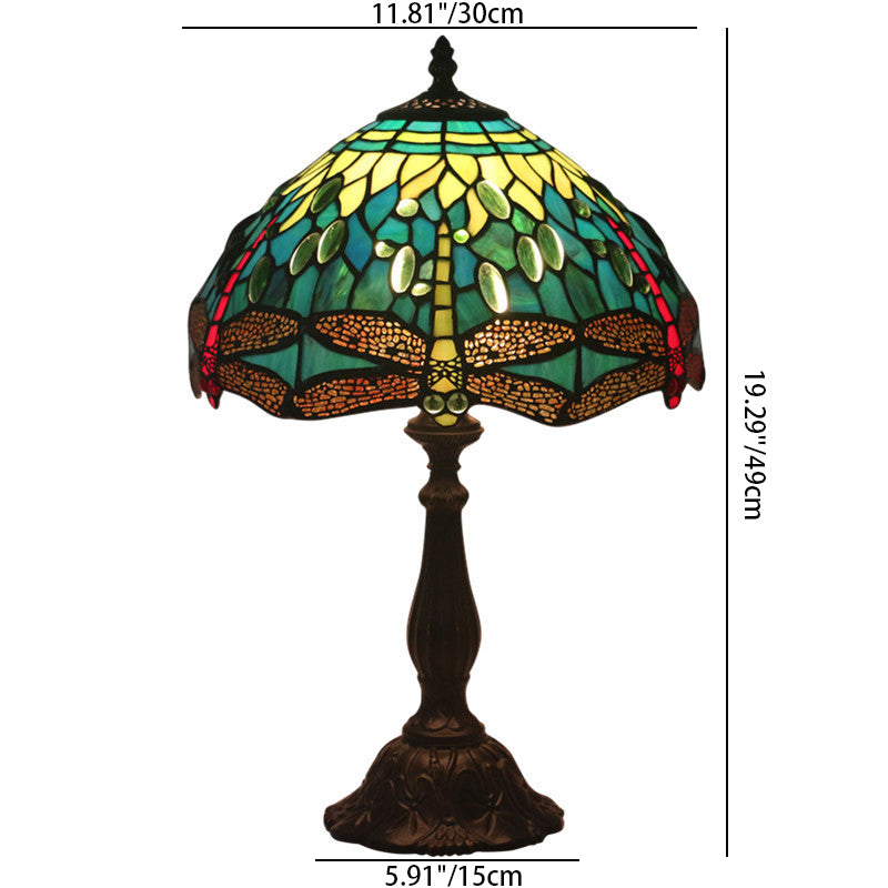 Traditional Tiffany Stained Glass Animal Dragonfly Pattern Zinc Alloy Base 1-Light Table Lamp For Bedroom