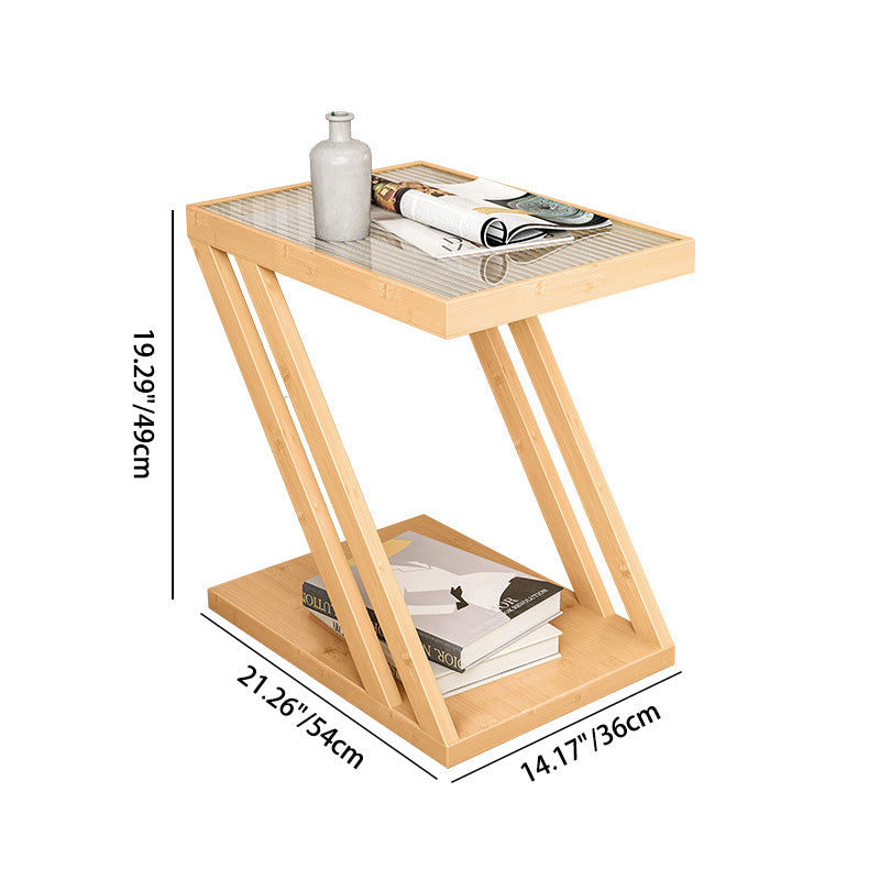 Modern Minimalist Rectangular Z-Shape Glass Bamboo Side Table For Living Room