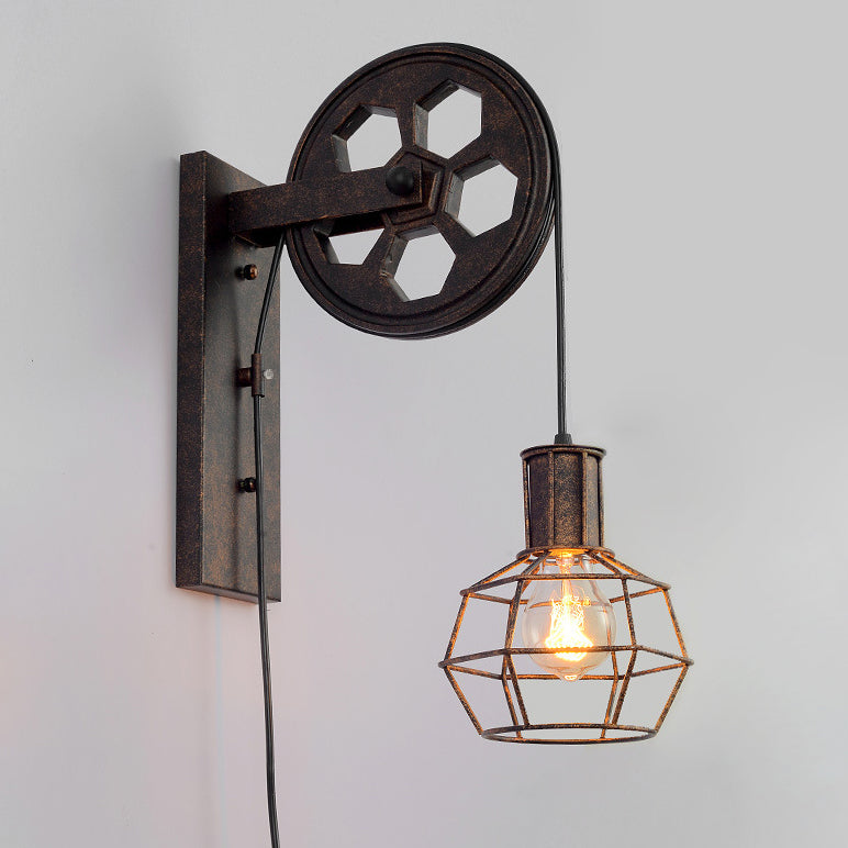 Traditional Vintage Iron Cage Pulley Liftable 1-Light Wall Sconce Lamp For Dining Room