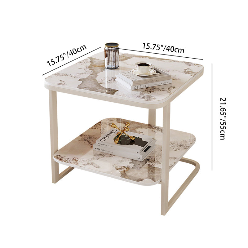 Modern Minimalist Square Rock Slab Metal Side Table 2-Tier For Living Room