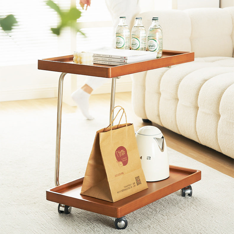 Modern Minimalist Square Wood Metal End Table Two Tier Wheels For Living Room