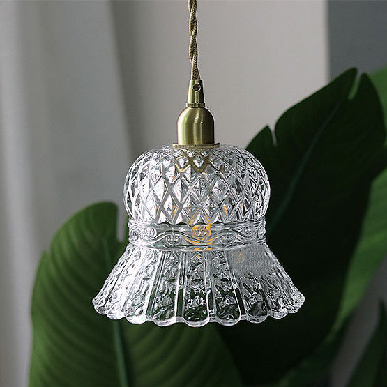 Traditional French Floral Brass Glass 1-Light Pendant Light For Living Room