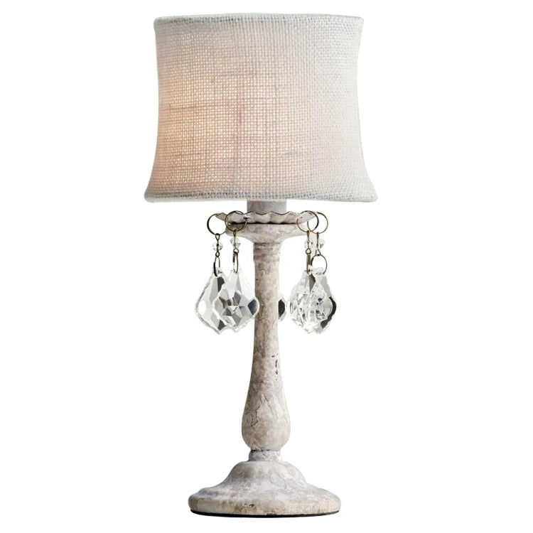 Modern Shabby Chic Distressed White Cylindrical Fabric Shade Resin Base 1-Light Table Lamp For Bedroom