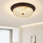 Traditional Vintage Round Crystal Glass Iron Water Turned Wood Grain LED Flush Mount Ceiling Light For Living Room