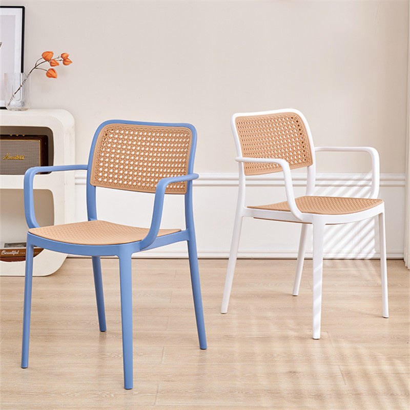 Contemporary Simplicity Square Rattan-like Plastic Stackable Dining Chair Armrest Backrest For Dining Room