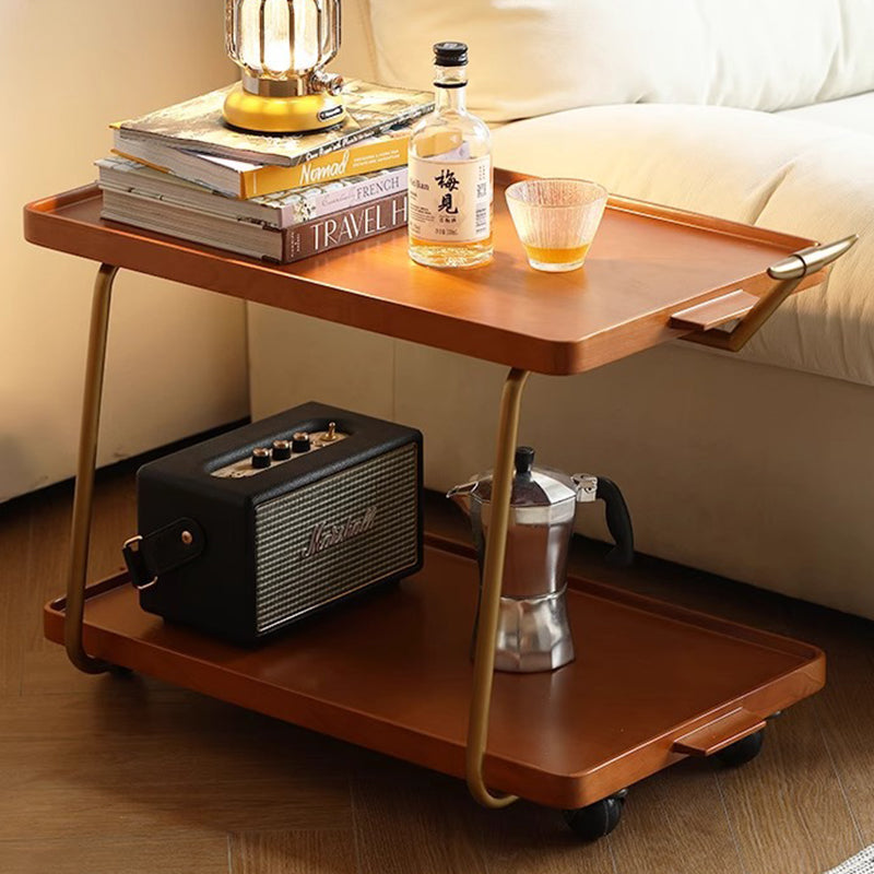 Contemporary Retro Rectangular Rubber Wood Stainless Steel Movable Side Table 2-Tier For Living Room