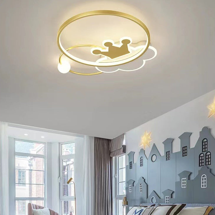 Contemporary Nordic Kids Iron Acrylic Circle Round Crown Cloud LED Flush Mount Ceiling Light For Bedroom