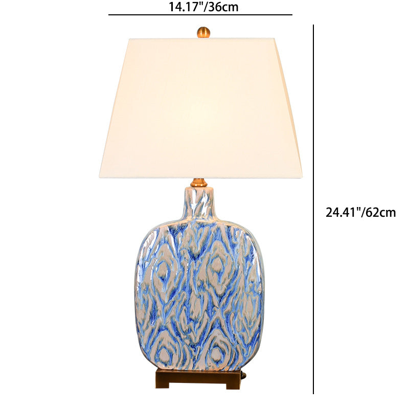 Traditional Chinese Square Copper Ceramic Fabric 1-Light Table Lamp For Bedroom