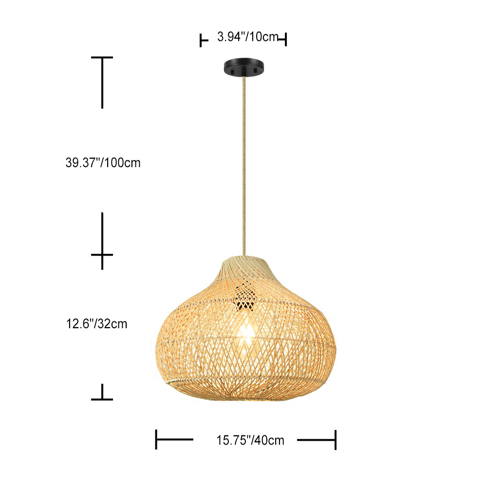 Traditional Chinese Round Weaving Wood 1-Light Pendant Light For Dining Room