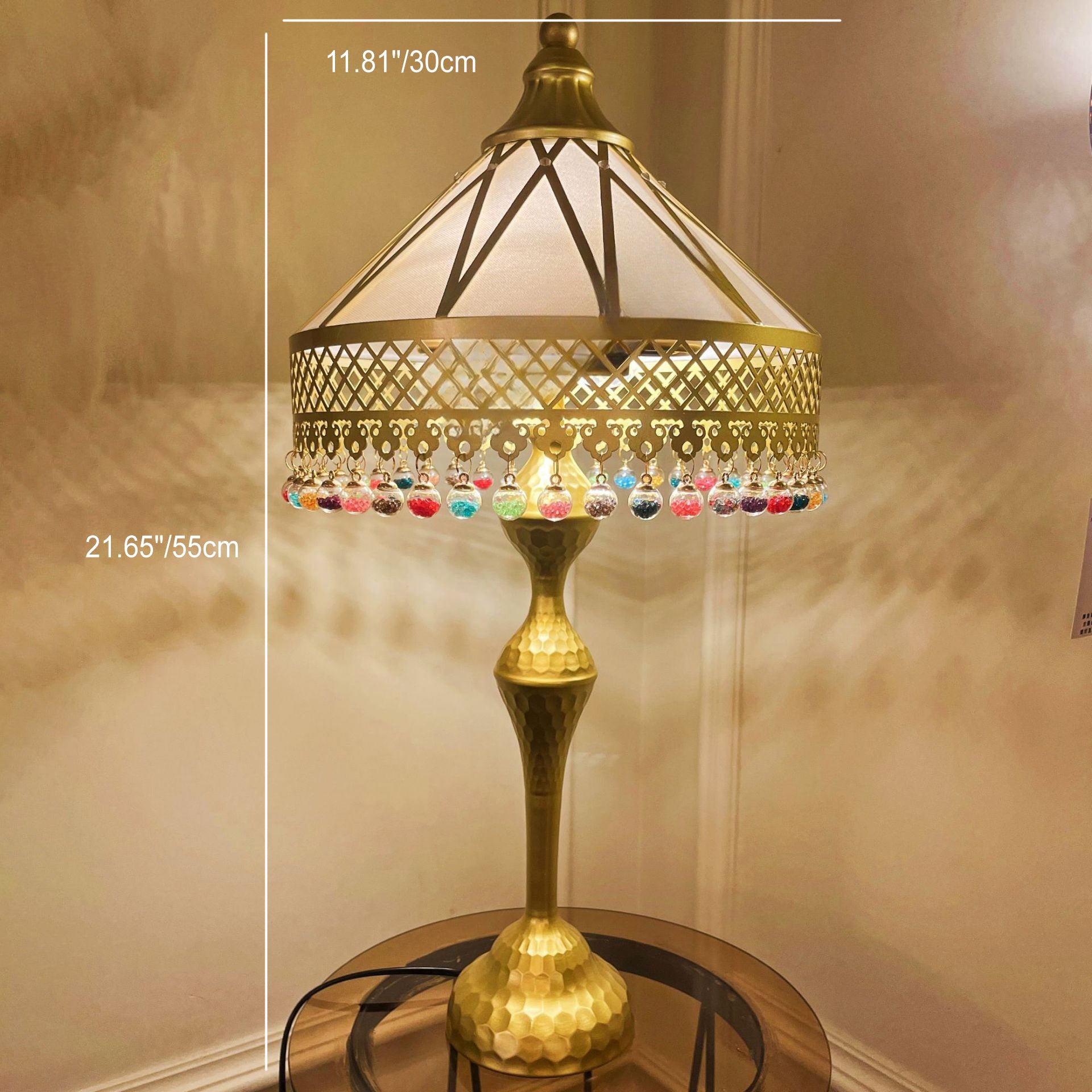 Traditional Vintage Cone Iron Fabric Crystal 2-Light Table Lamp For Bedroom