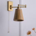 Modern Minimalist Retractable Round Trapezoidal Copper Wood 1-Light Wall Sconce Lamp For Bedroom