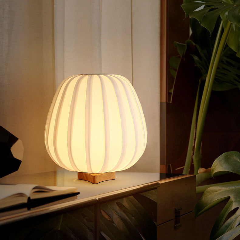 Modern Minimalist Pleated Oval Wooden Fabric Hardware 1-Light Table Lamp For Bedroom