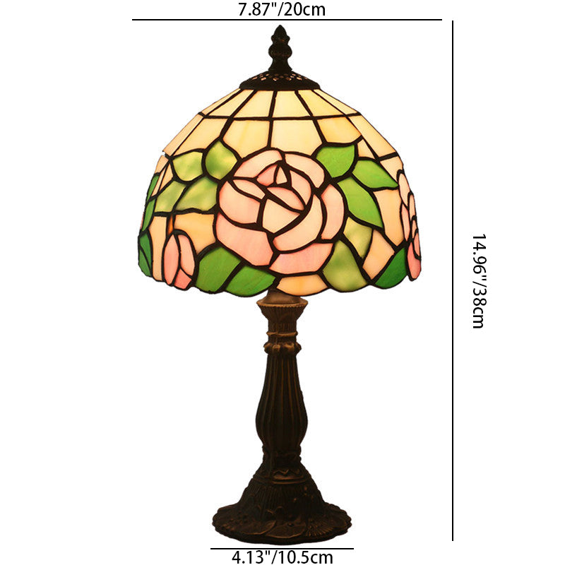 Traditional Tiffany Rose Flower Stained Glass Shade Zinc Alloy Base 1-Light Table Lamp For Study