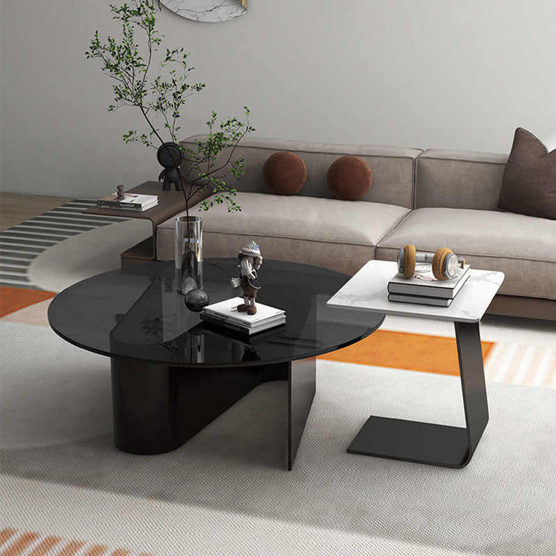 Modern Minimalist Round Square Glass Slate Metal Coffee Table For Living Room