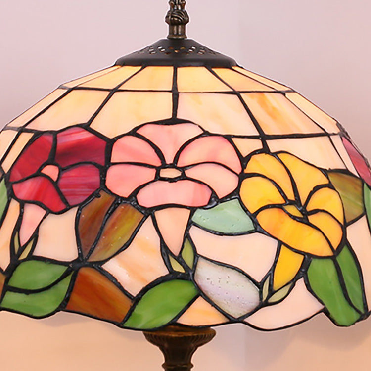 Traditional Tiffany Morning Glory Stained Glass Round 1-Light Table Lamp For Bedroom