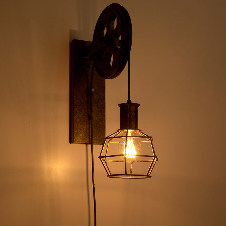 Traditional Vintage Iron Cage Pulley Liftable 1-Light Wall Sconce Lamp For Dining Room