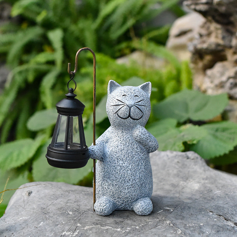 Contemporary Creative Solar Kitten Carry Lantern Resin Plastic LED Outdoor Light For Garden