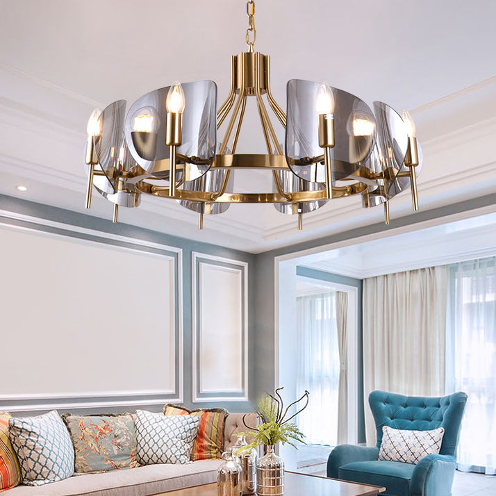 Modern Luxury Golden Finished Framed Curved Glass Panel 6/8-Light Chandelier For Dining Room