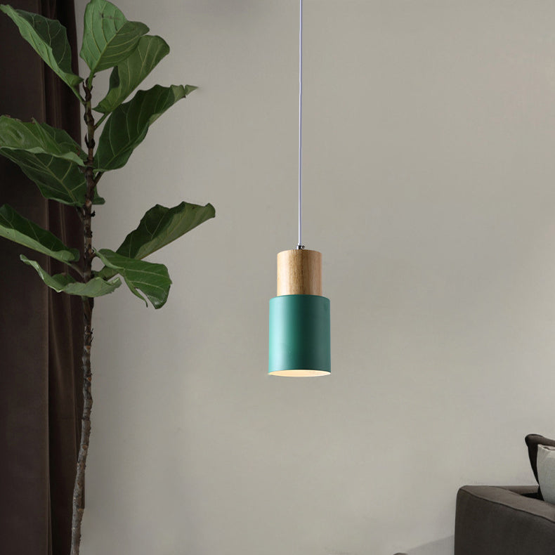 Contemporary Nordic Cylinder Hardware Wood 1-Light Pendant Light For Living Room