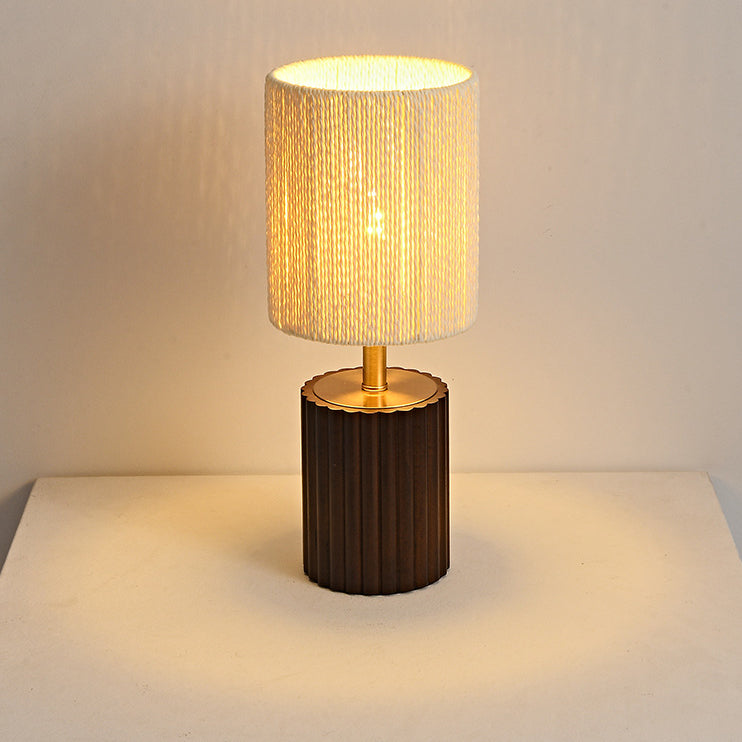 Traditional Japanese Round Cylinder Paper Rope Wood 1-Light Table Lamp For Bedroom