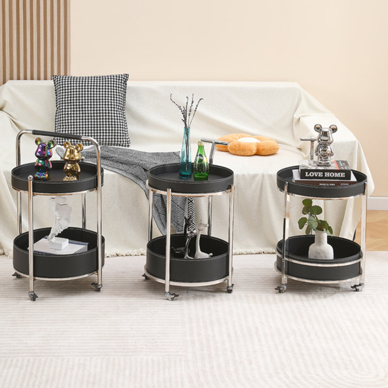 Contemporary Creative Round Stainless Steel Leather End Table 2-Tier For Living Room