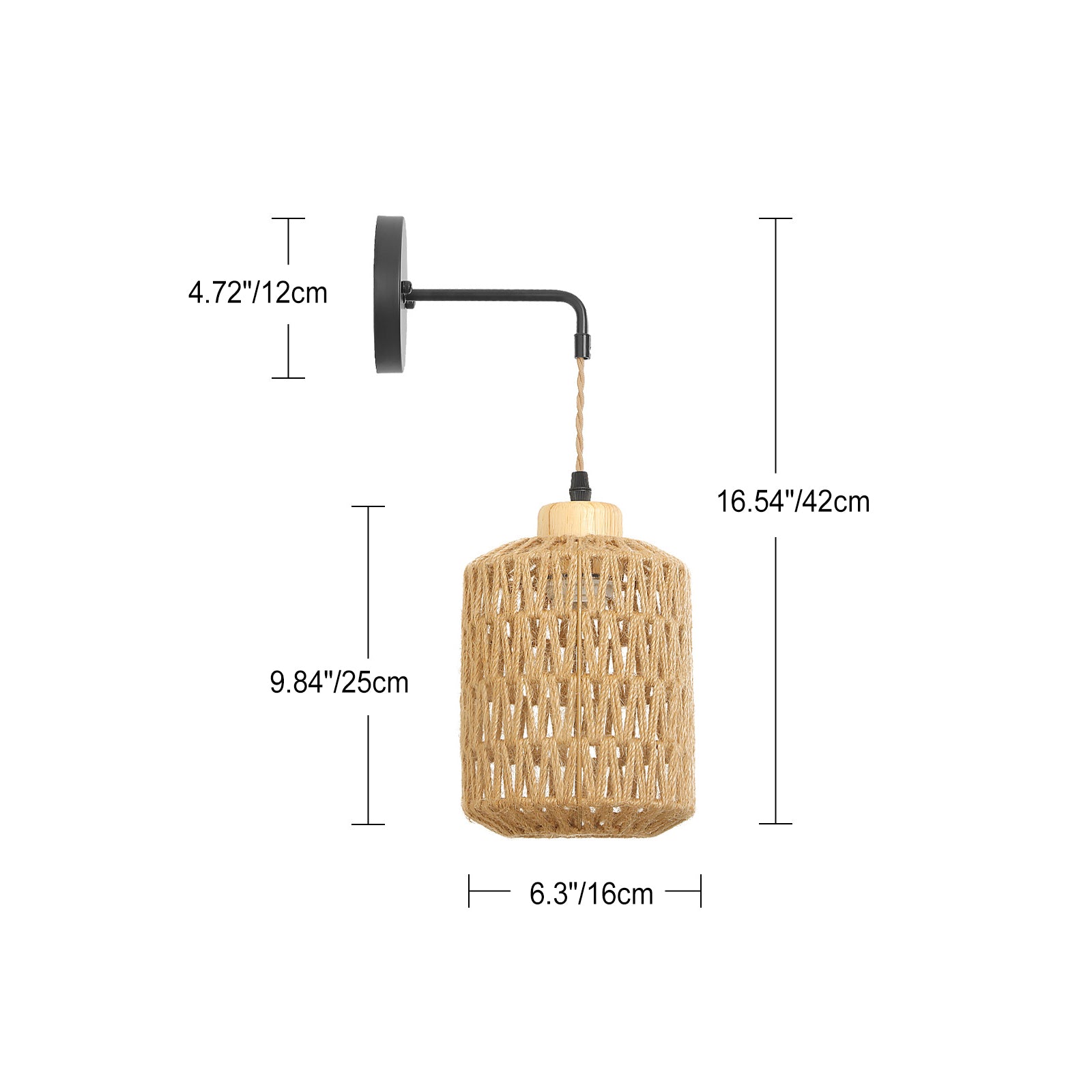 Traditional Vintage Lantern Shaped Weaving Rattan Wood Iron 1-Light Wall Sconce Lamp For Bedroom