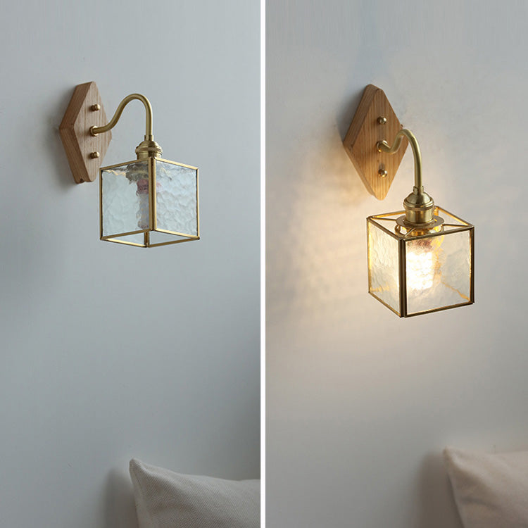 Traditional Vintage Square Copper Glass Wood 1-Light Wall Sconce Lamp For Bedroom