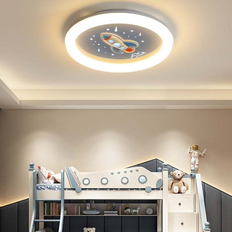 Modern Art Deco Kids Iron Resin Acrylic Round Meteor Shower Rocket Shield Kitty LED Flush Mount Ceiling Light For Bedroom