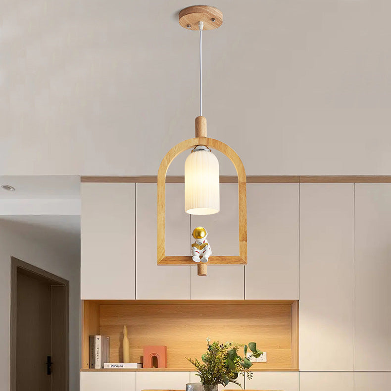 Contemporary Scandinavian Cylinder Spaceman Wood Glass 1-Light Pendant Light For Dining Room