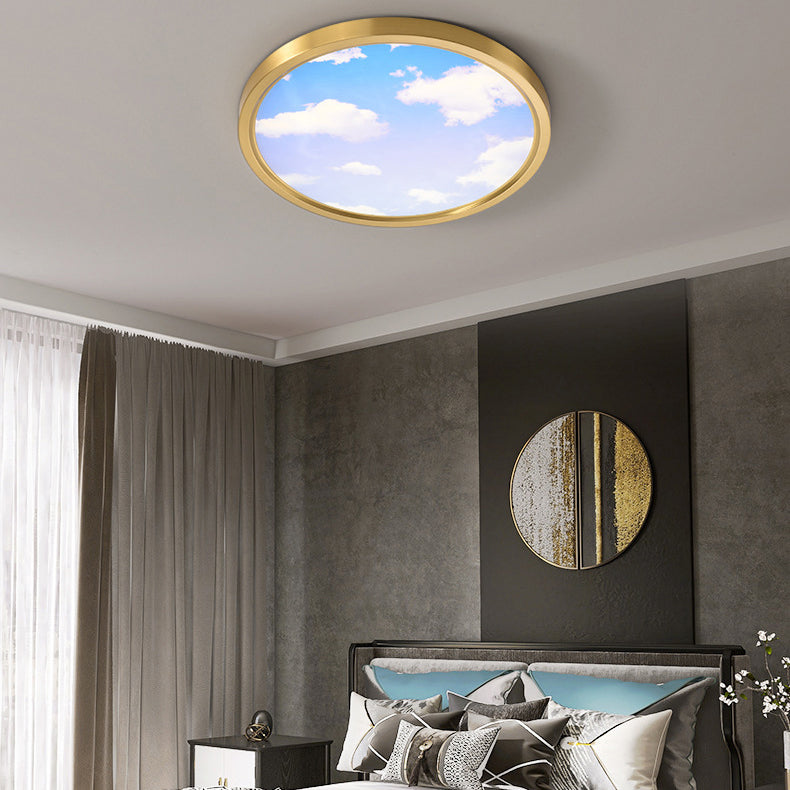 Modern Simplicity Full Copper Blue Sky Cloud Design Round Acrylic Shade LED Flush Mount Ceiling Light For Living Room