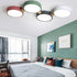 Contemporary Scandinavian Macaron Iron Geometric Round Shade Wood Splicing LED Flush Mount Ceiling Light For Bedroom