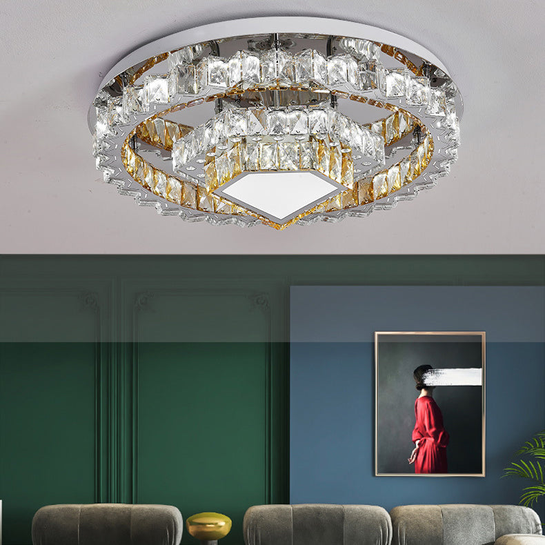 Modern Luxury Round Iron Crystal LED Flush Mount Ceiling Light For Living Room