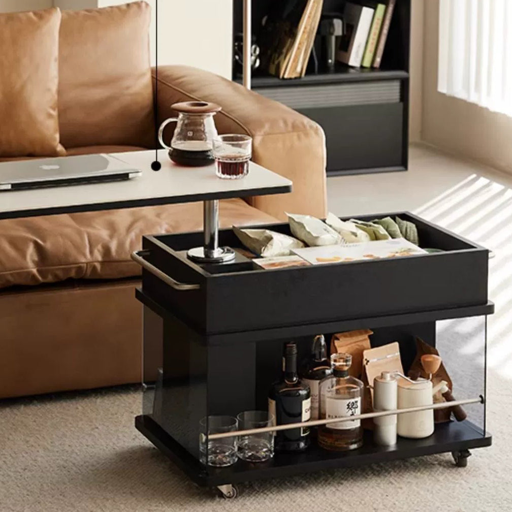 Modern Minimalist Rectangular Wood Slab Glass Stainless Steel End Table 3-Storage Liftable For Living Room