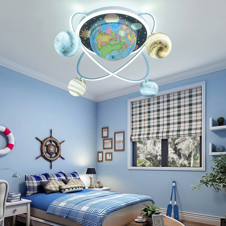 Contemporary Creative Kids Round Earth Planet Hardware Acrylic Glass LED 4-Light Flush Mount Ceiling Light For Bedroom