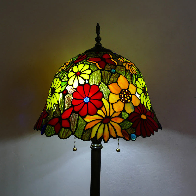 Traditional Tiffany Stained Glass Daisy Dragonfly Shade 2-Light Standing Floor Lamp For Bedroom